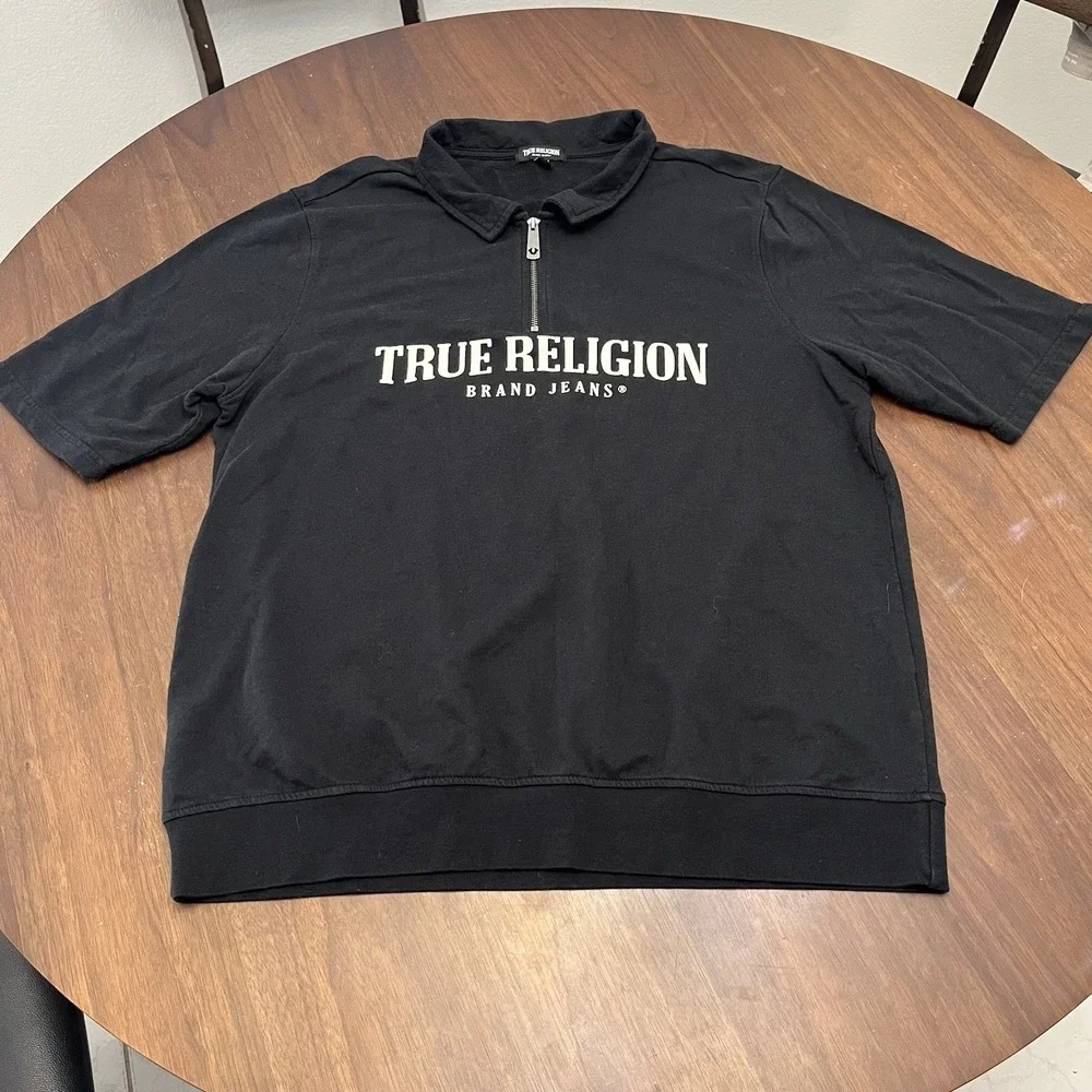 True Religion Men's XL Relaxed Mock Quarter Zip Embroidered Logo Sweater